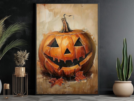 Vintage Grinning Jack O Lantern Pumpkin Painting Autumn Leaves Poster