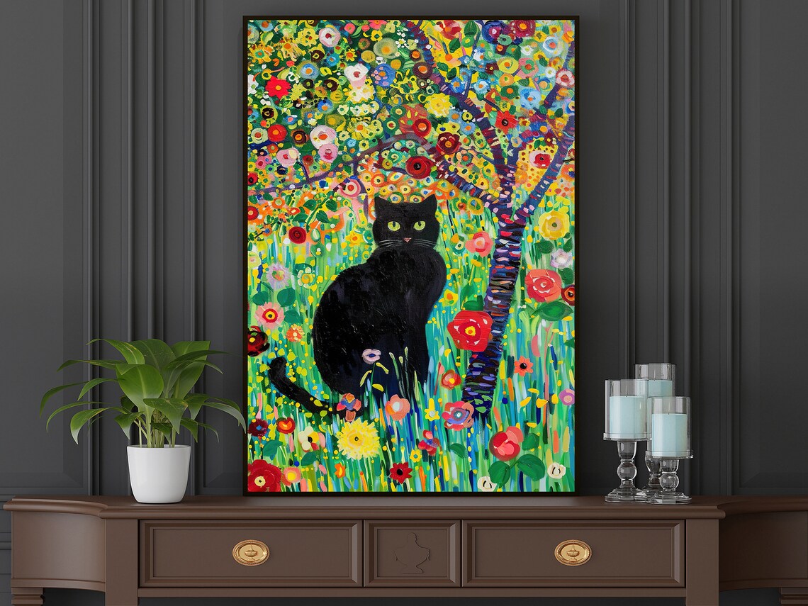 Vintage Black Cat in Flowers Garden, Cat Print - Image 5