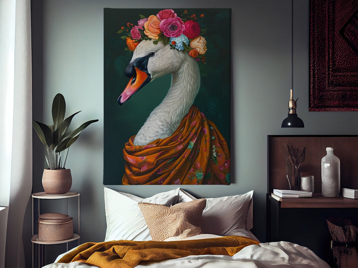 White Swan Flower Crown Floral Drape Elegant Bird Portrait Poster - Image 3