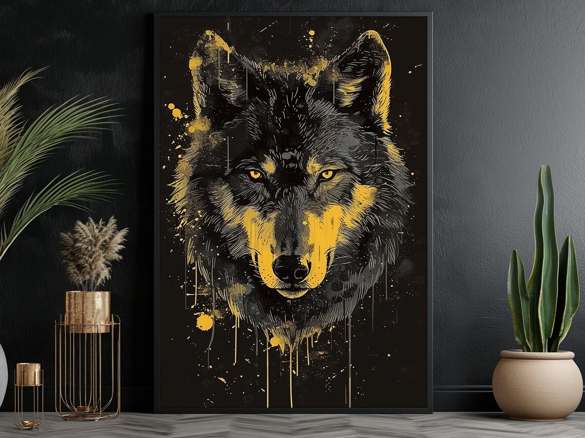 Black Wolf Head With Gold Paint Splatter On Black Modern Wildlife Poster