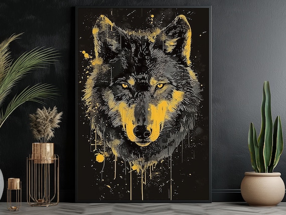 Black Wolf Head With Gold Paint Splatter On Black Modern Wildlife Poster