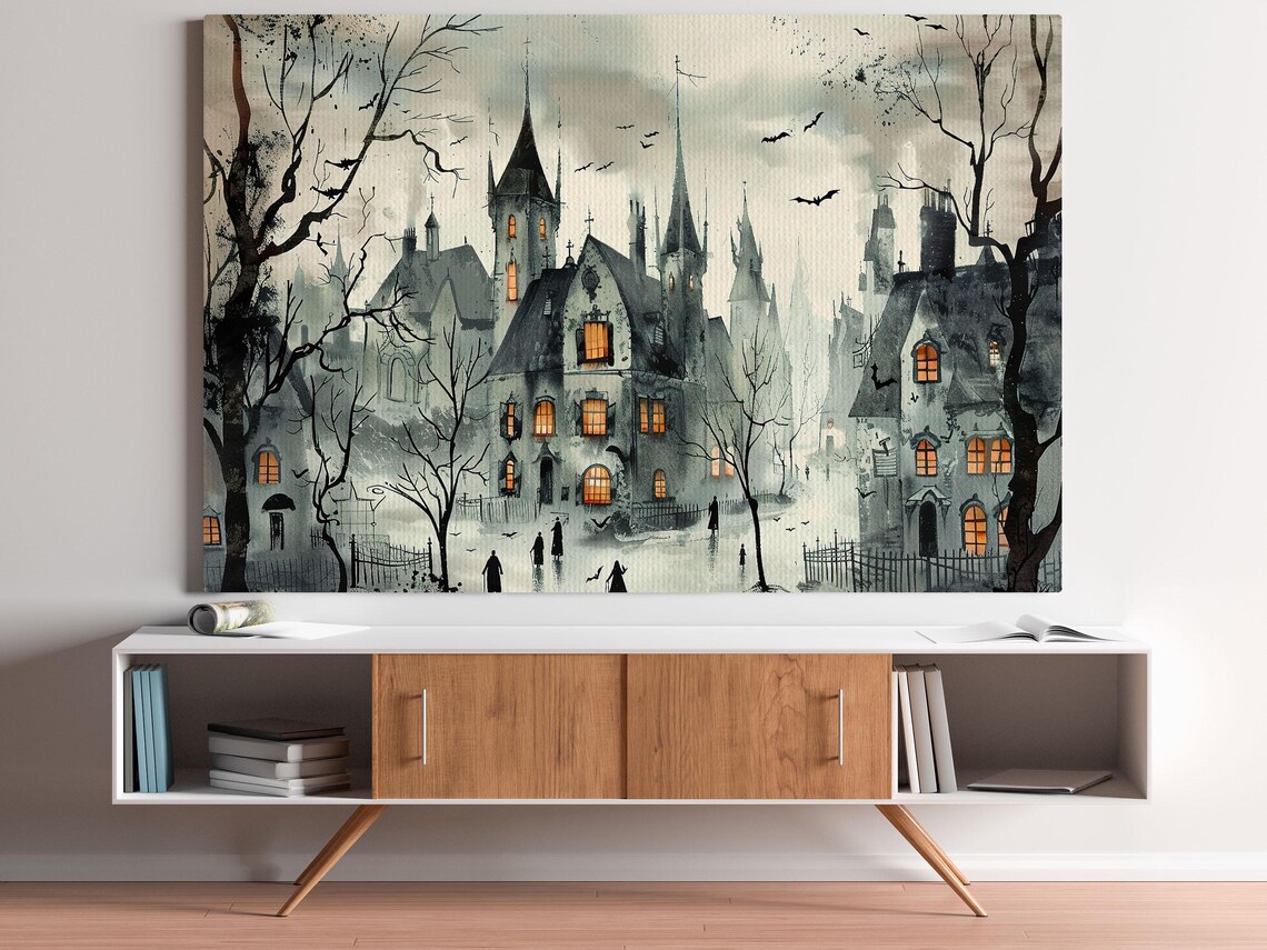 Spooky Haunted Old Town Street Watercolor with Glowing Windows Poster - Image 4