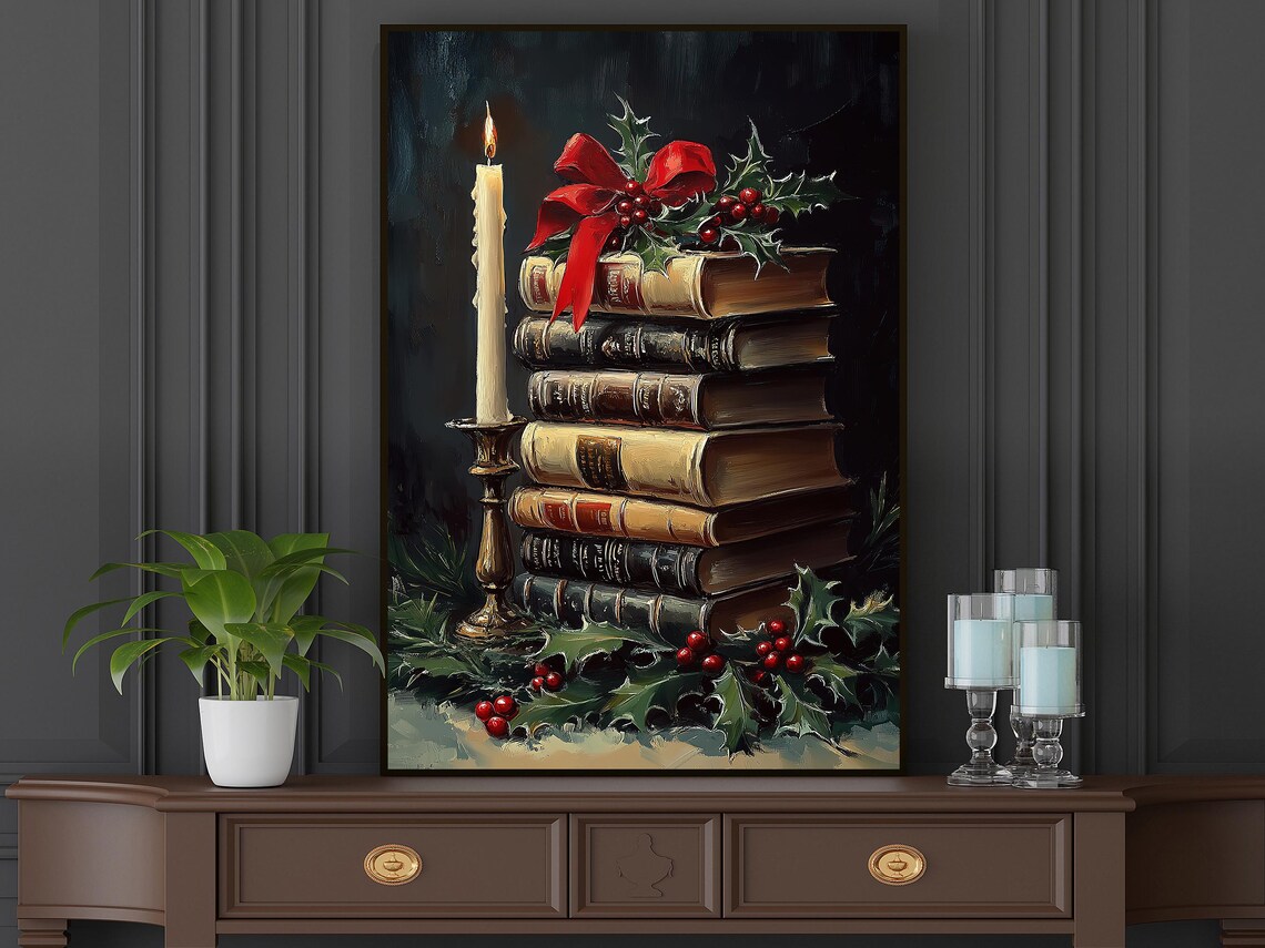 Vintage Christmas Candle and Books Poster Print - Image 5