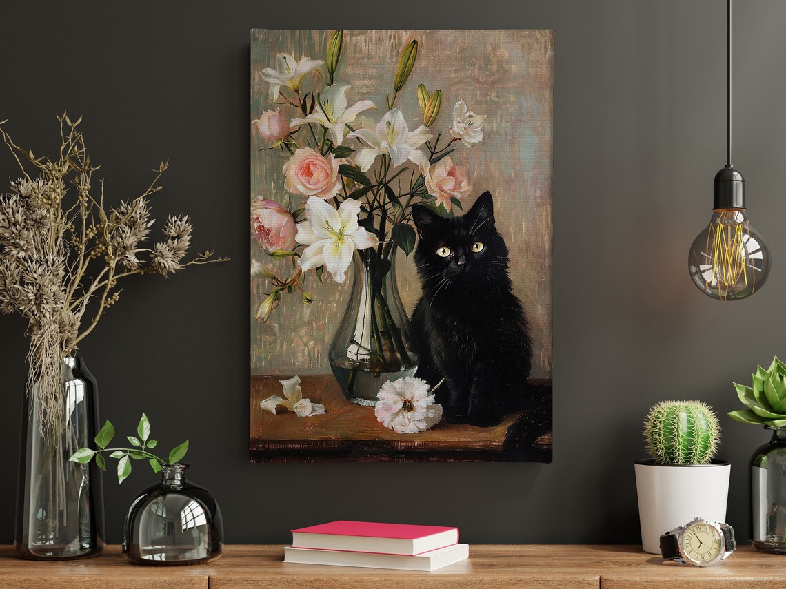 Vintage Black Cat and Flowers Vase Cottage Art Print - Image 4