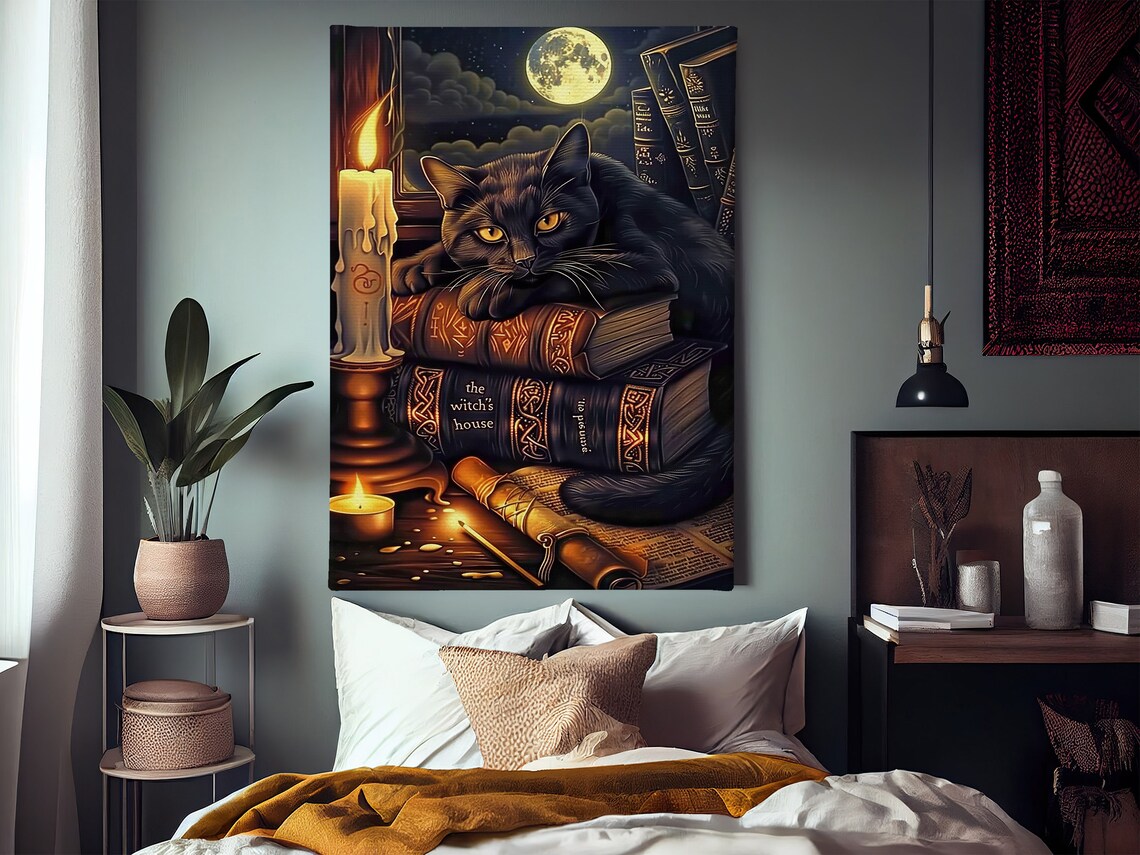 Cottage Black Cat Witch Painting, Retro Halloween Art Print - Image 2