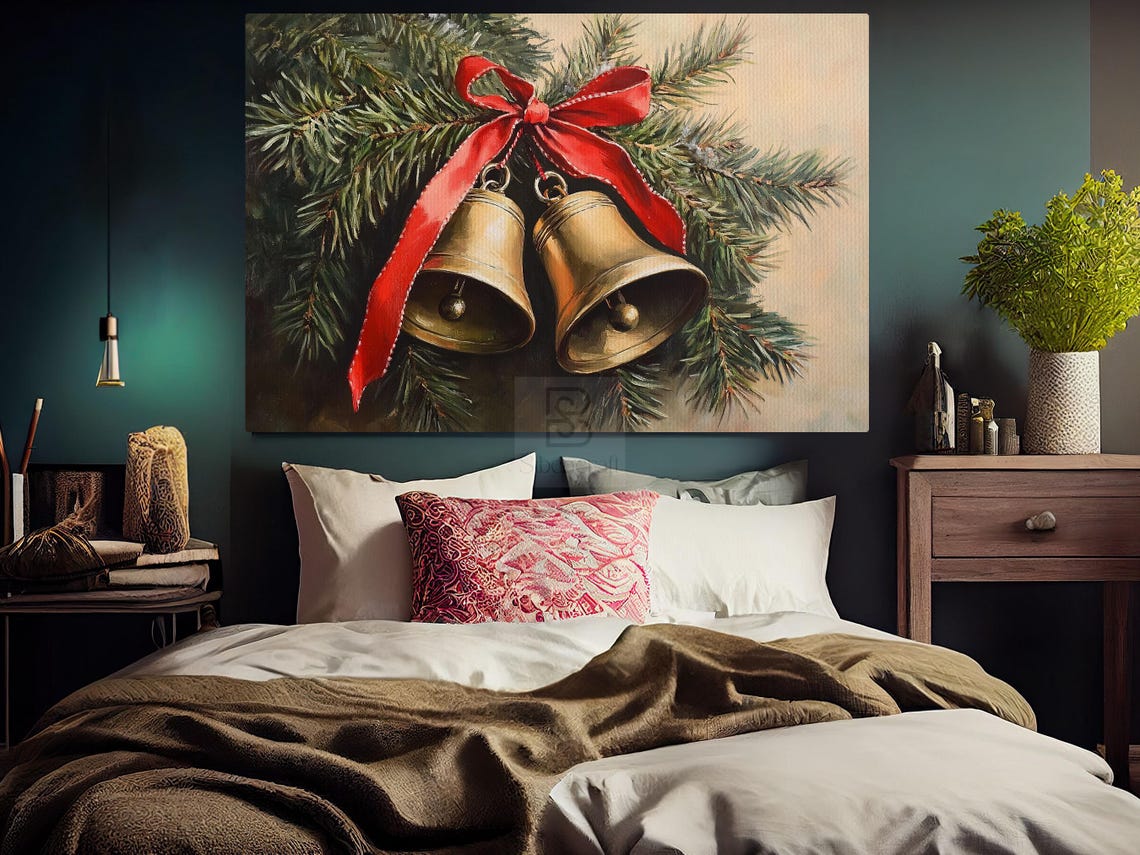 Brass Jingle Bells With Red Ribbon Bow Hanging In Snowy Pine Poster - Image 6