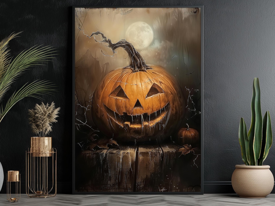 Vintage Pumpkin Halloween Art Print, Dark Decor