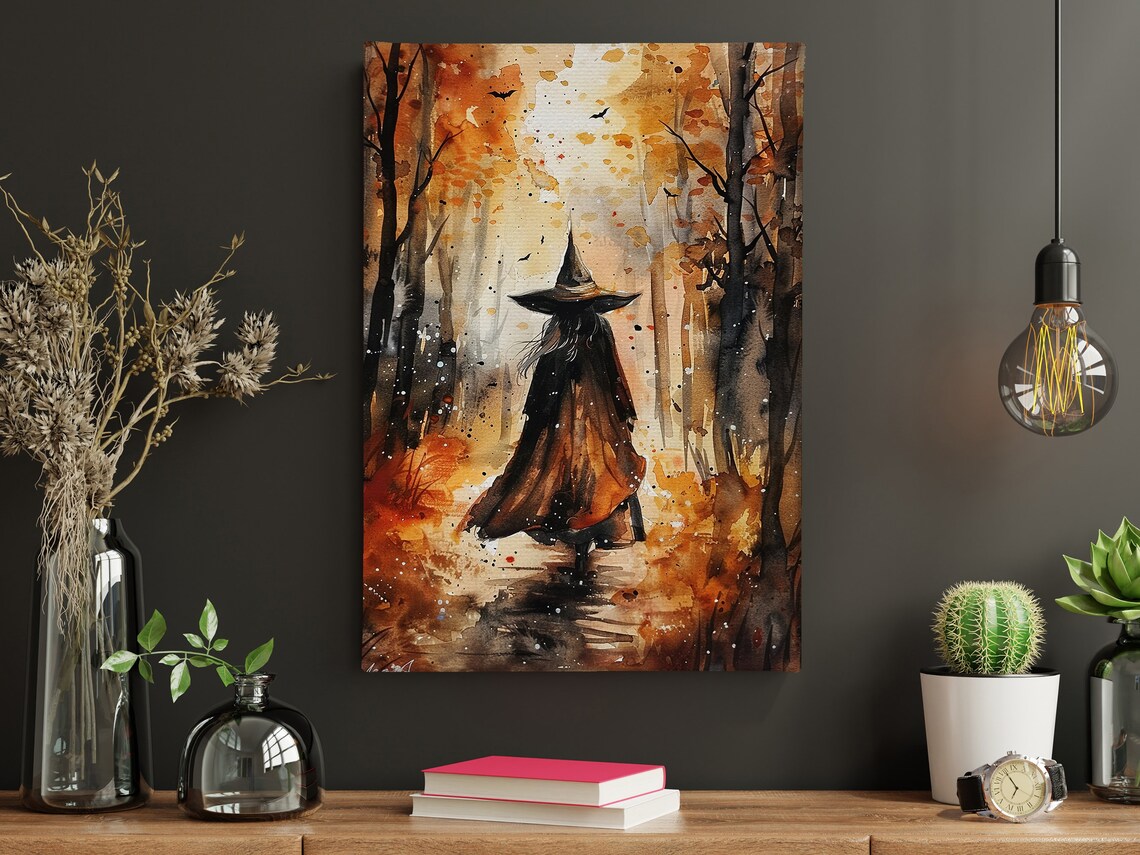 Witch Autumn Forest Watercolor Walking Woods Fall Leaves Halloween Art Poster - Image 4