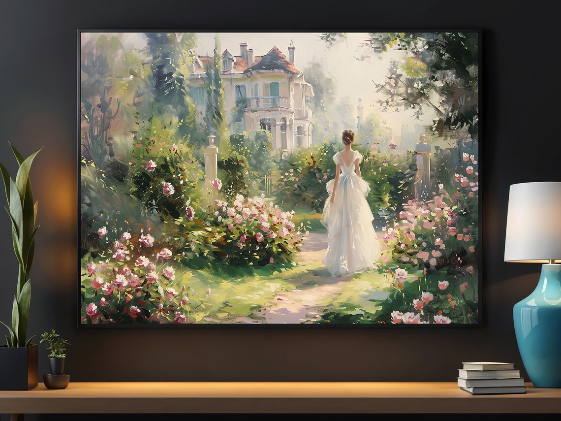 Vintage Girl in the Flowers Garden, Botanical Art Print