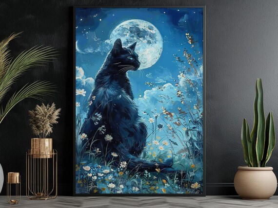 Black Cat Under Full Moon Night Wildflowers Mystical Art Poster