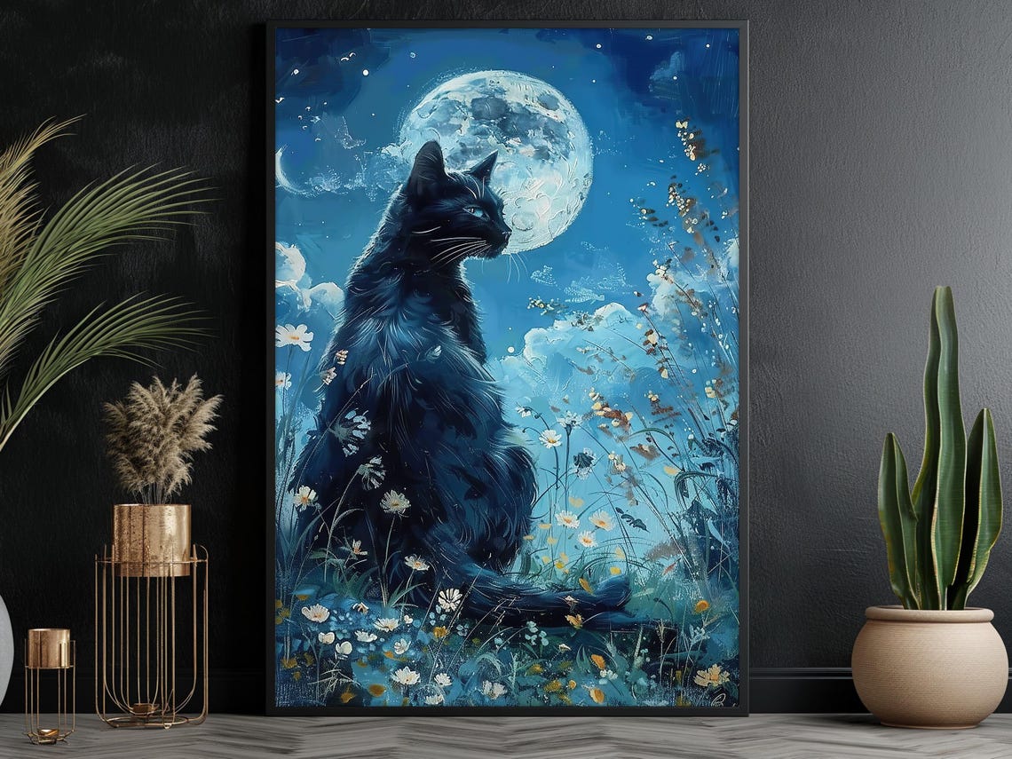 Black Cat Under Full Moon Night Wildflowers Mystical Art Poster