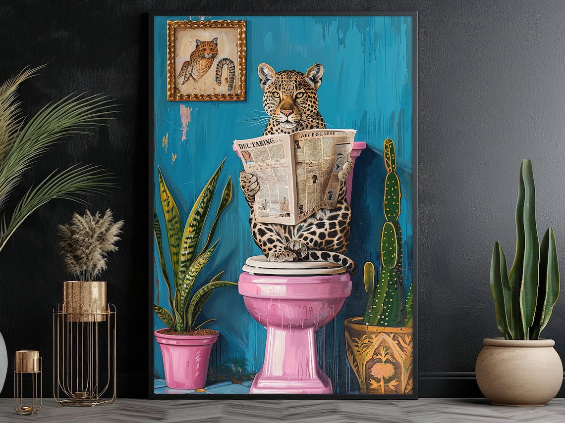 Matisse-Inspired Leopard on Toilet Bathroom Art Print