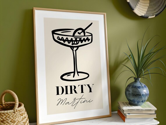 Dirty Martini Black Line Art Coupe Glass Olive Minimalist Poster