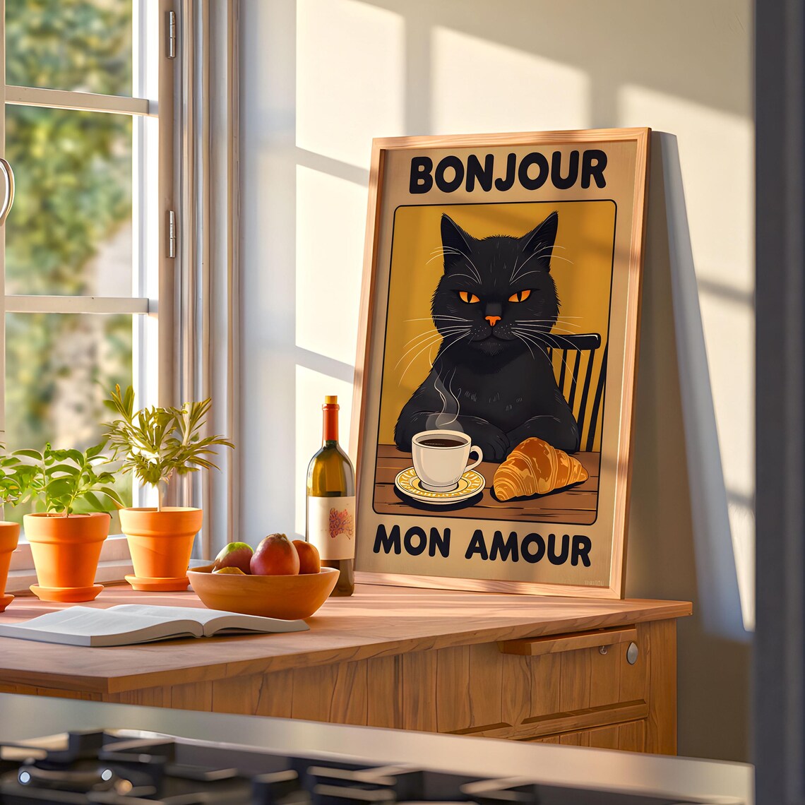 Bonjour Mon Amour Cat Portrait, Retro Style - Image 8