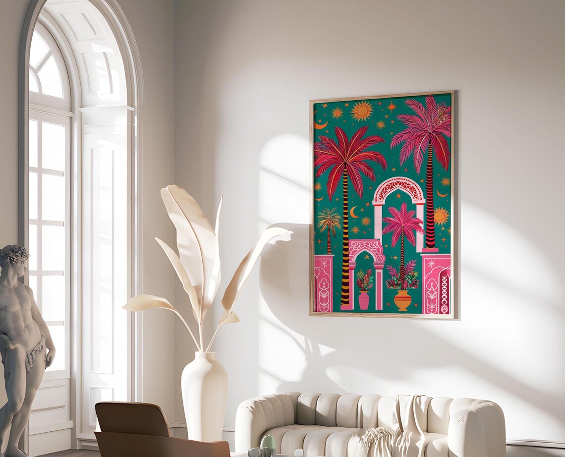 Retro Palms Tropical Art Print, Luxury Pine Wood Frame - Image 6