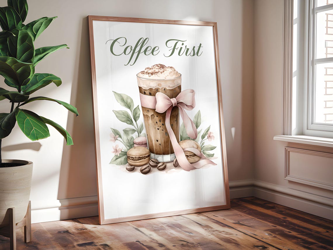 Coffee First Iced Latte with Pink Bow Macaron Watercolor Poster
