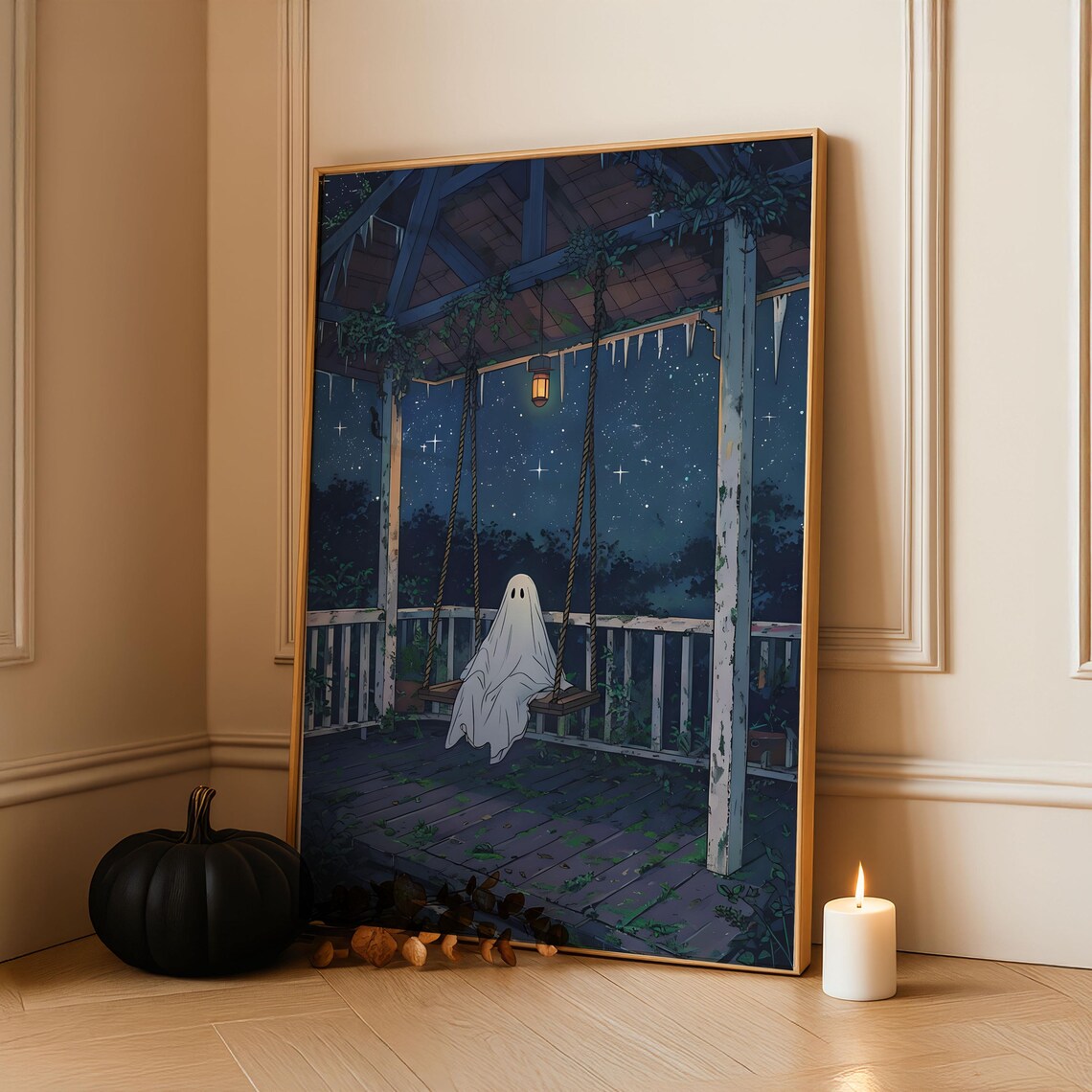 Ghost on Porch Swing Starry Night Cozy Spooky Halloween Art Poster