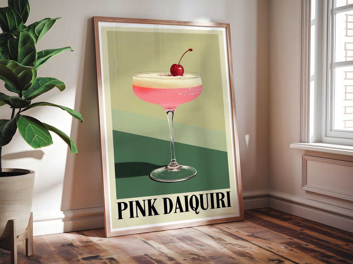 Pink Daiquiri Retro Cocktail Coupe Cherry Green Background Bar Poster