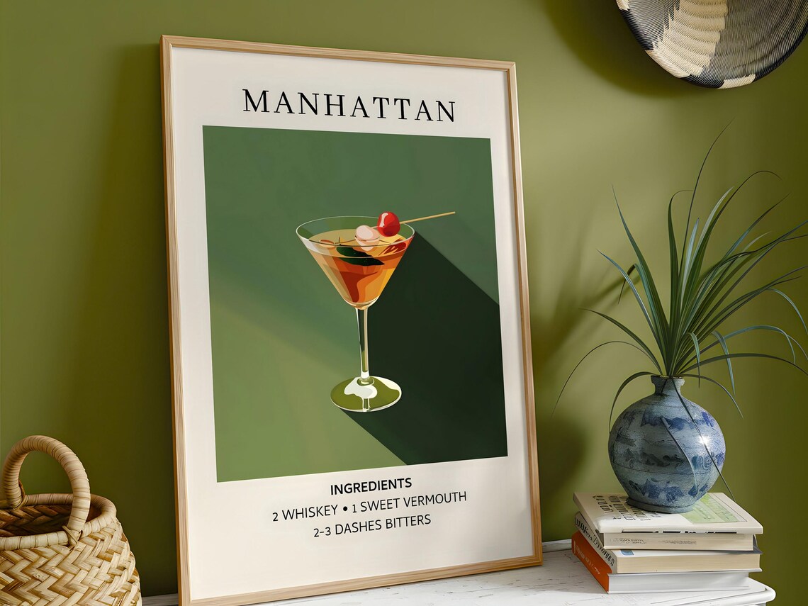 Manhattan Cocktail Recipe Retro Martini Glass Cherry Vintage Bar Poster