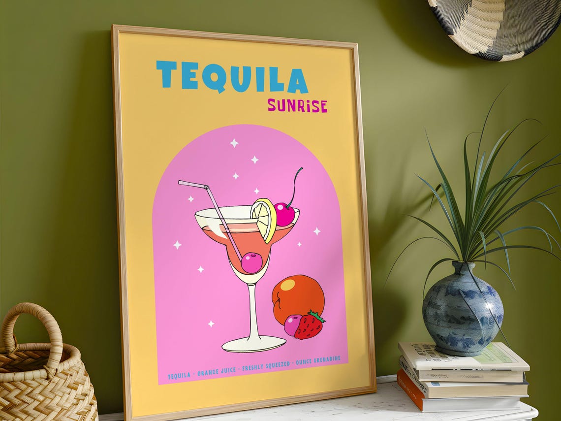 Tequila Sunrise Cocktail Recipe Retro Colorful Bar Art Poster