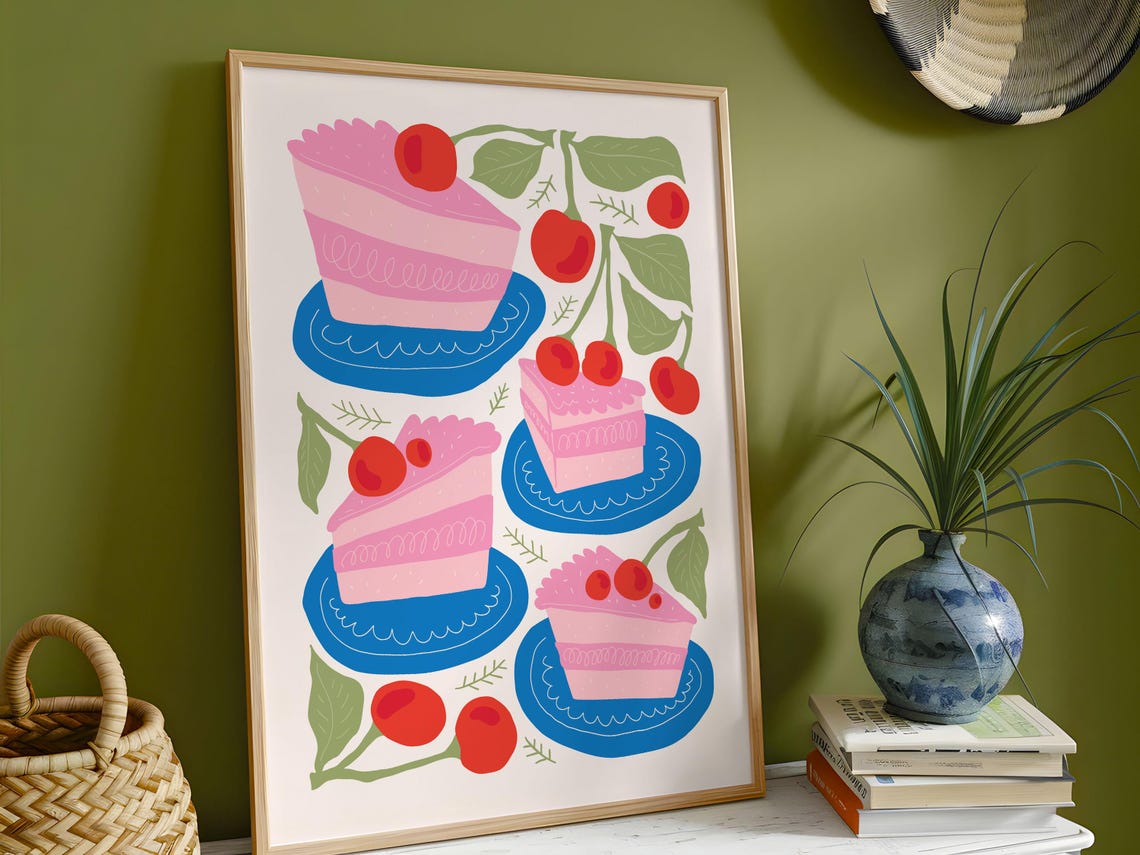 Pink Cherry Cake Slices Playful Food Illustration Kitchen Poster