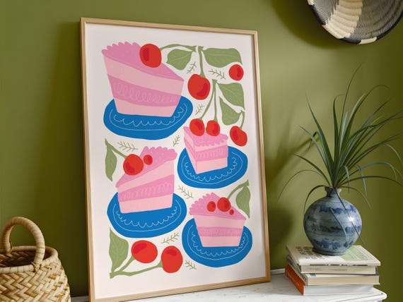 Vintage Cherry Pie Kitchen Art Print Framed Nostalgic Decor