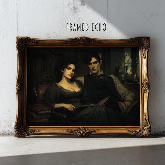 Dark Academia Decor Gothic Couple Portrait Print Moody Victorian Wall Art Literary Book Lovers Gift For Library Home Office