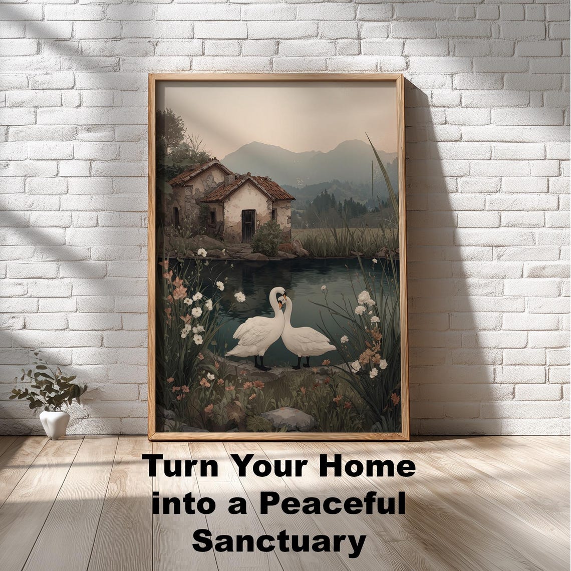 White Swans On Lake By Rustic Cottage Romantic Nature Poster