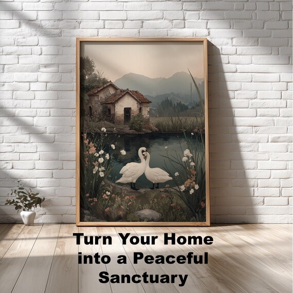 Swan Lake Cottage Print Romantic Bird Illustration