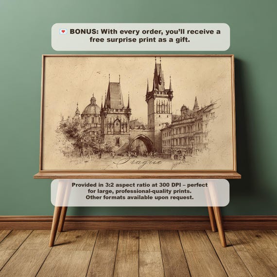 Prague Sketch Print Charles Bridge Gothic Architecture