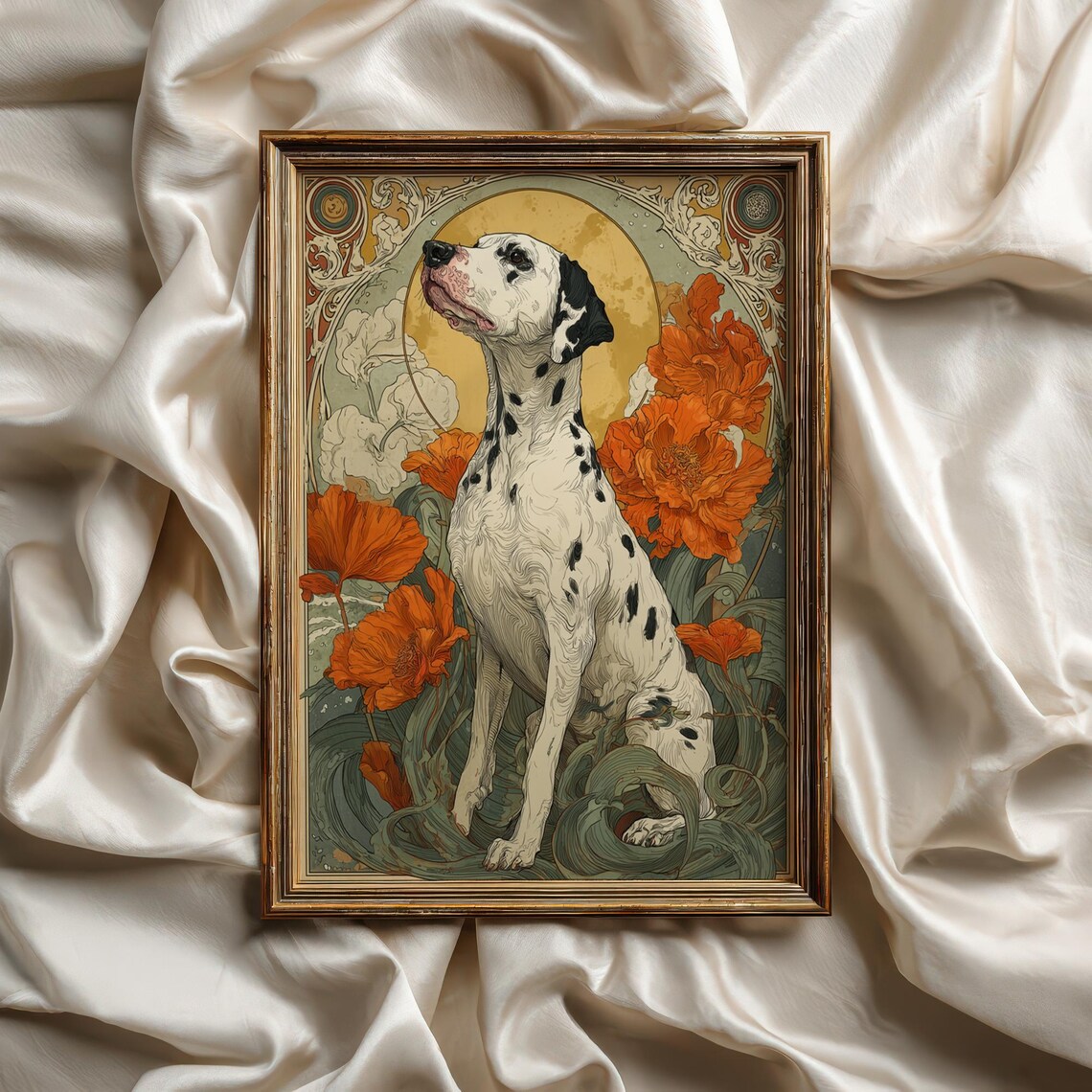 Art Nouveau Dalmatian Sitting Among Orange Poppies Vintage Dog Print