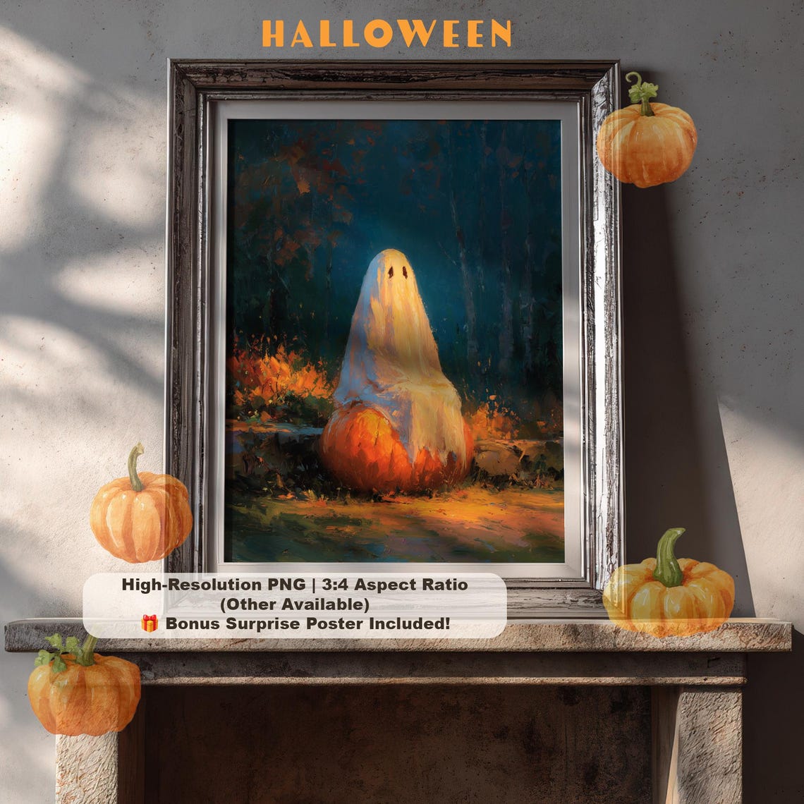 Cute Ghost Sitting on Pumpkin Autumn Night Halloween Art Poster