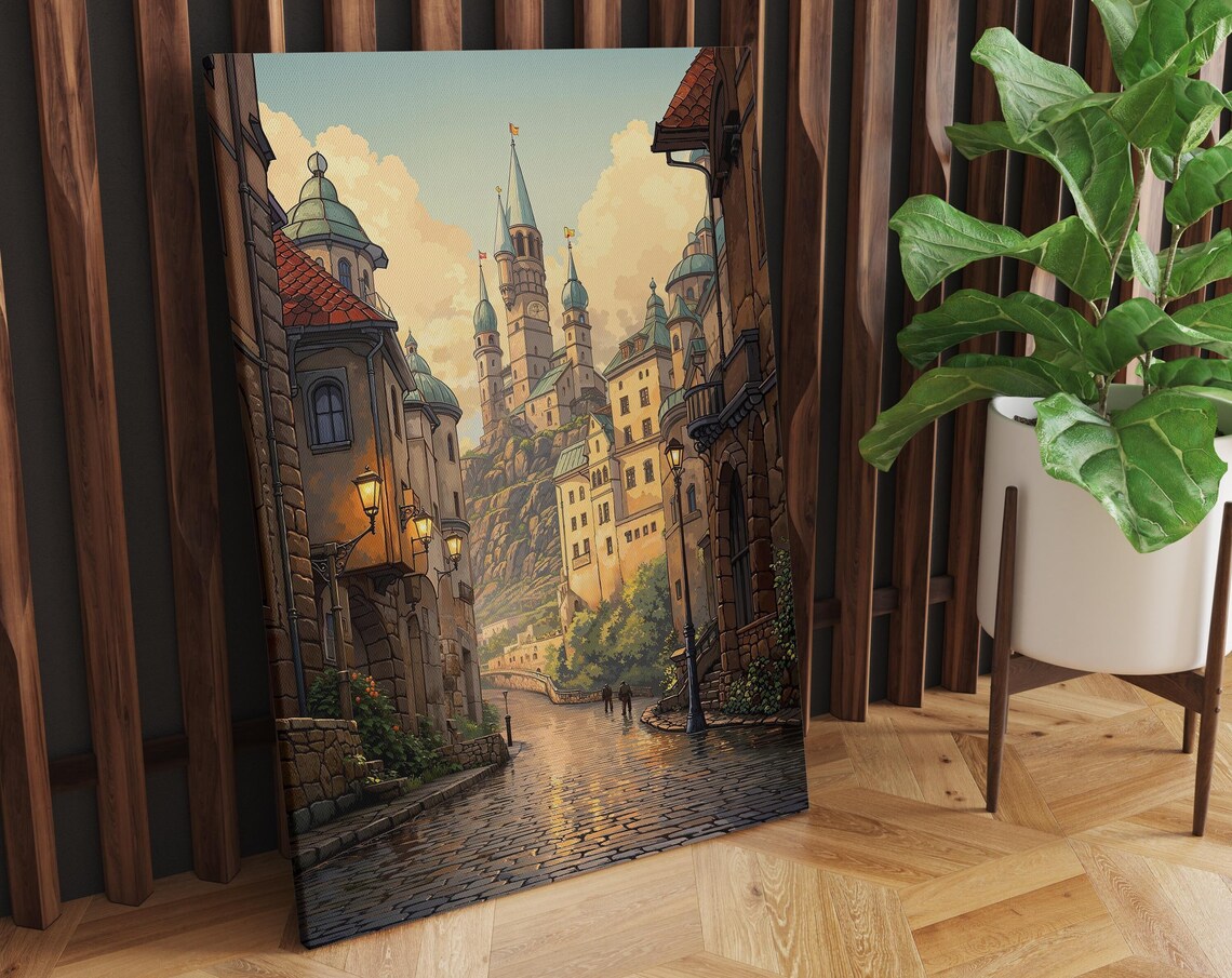 Fantasy Castle Town Poster with Cobblestone Street and Hilltop Towers - Image 2