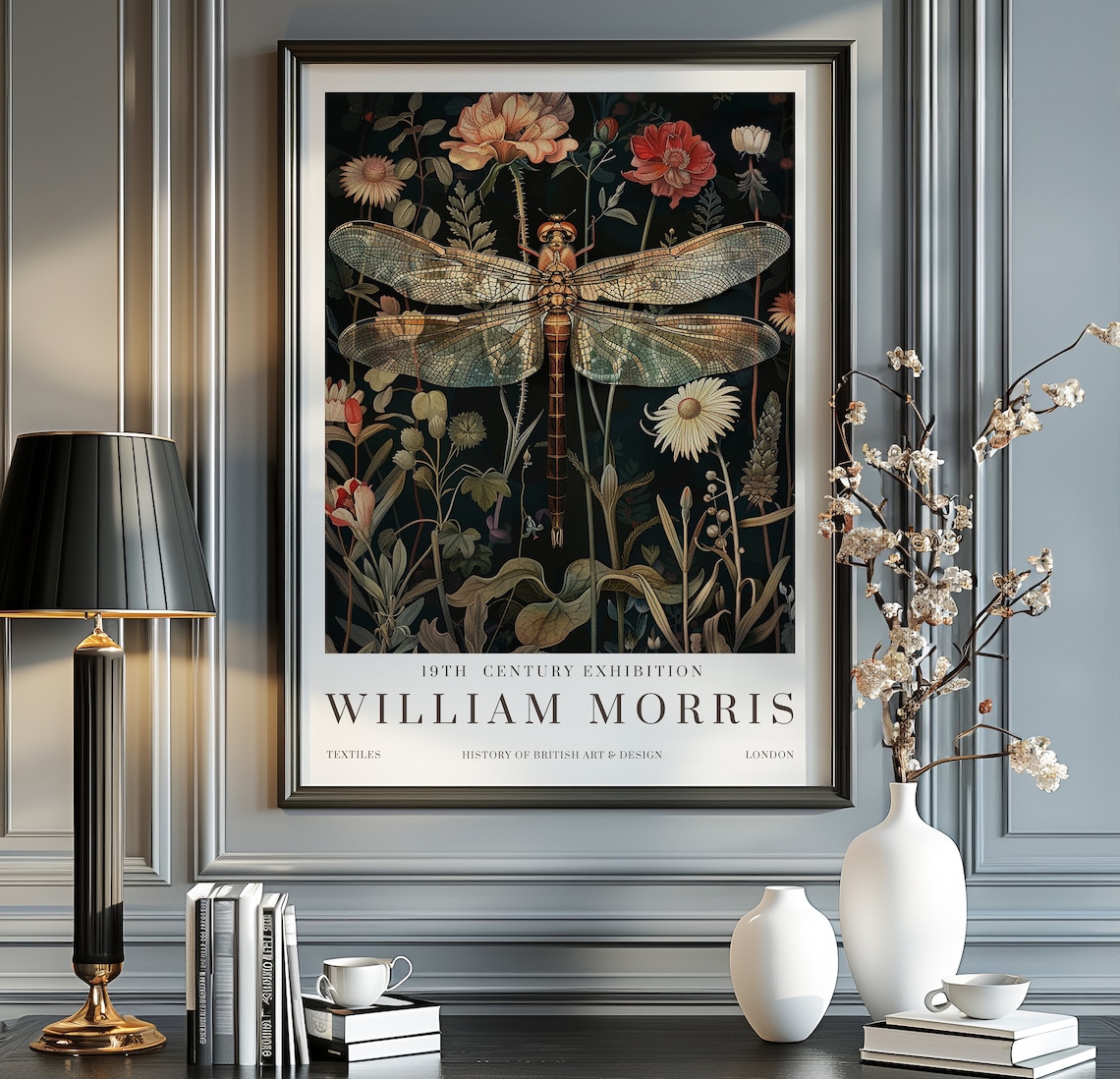 William Morris Exhibition Poster, Vintage Textile Dragonfly