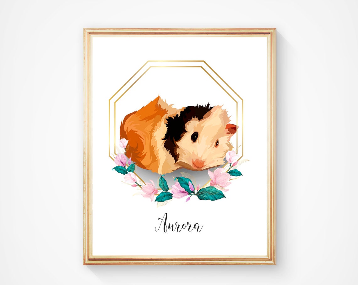 Guinea Pig Portrait in Floral Wreath Custom Pet Memorial Gift Print