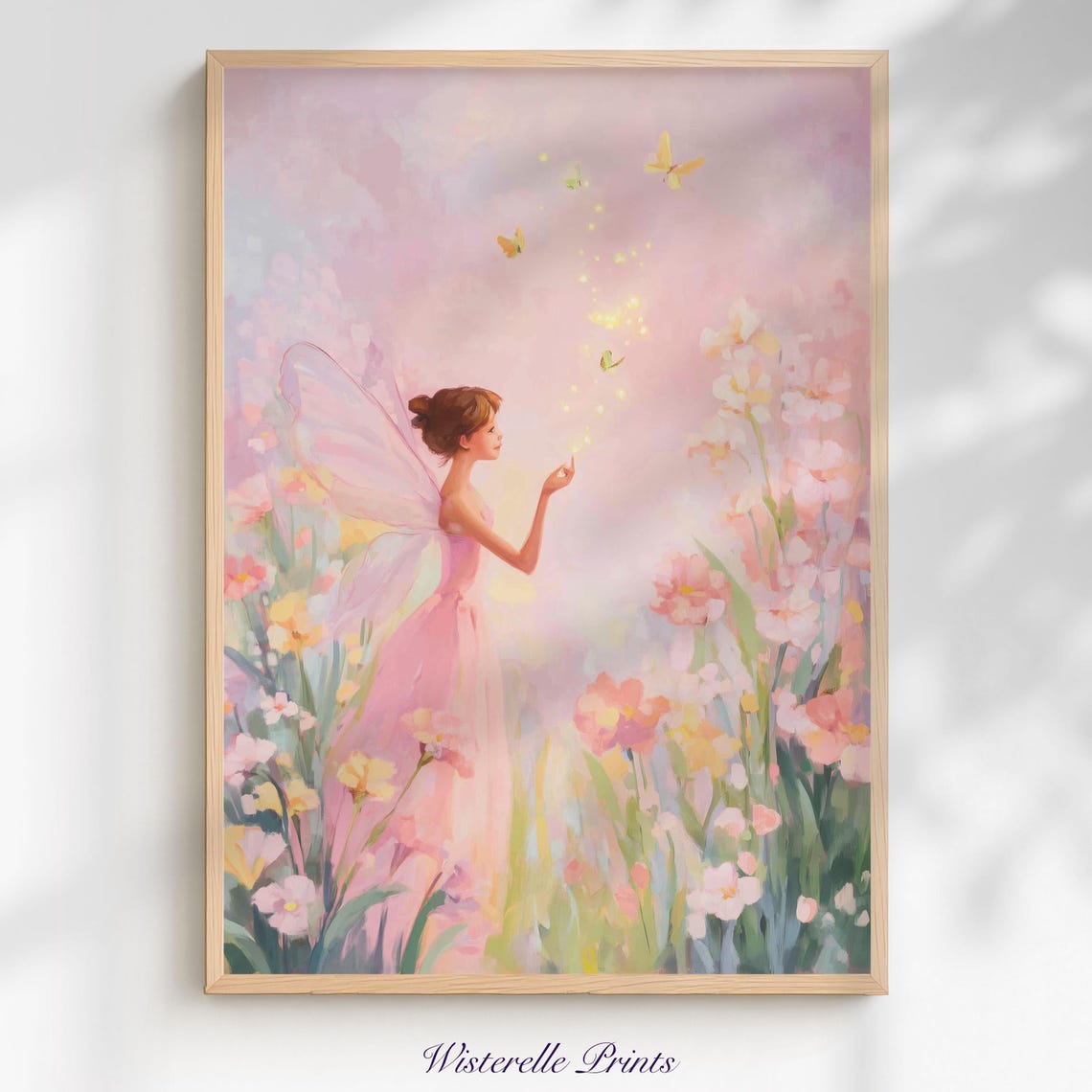 Pink Fairy Wall Art Print Pastel Whimsical Floral Kids Room Decor