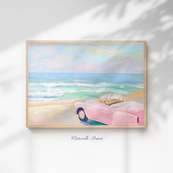 Pink Vintage Convertible at the Beach Pastel Coastal Summer Art Poster
