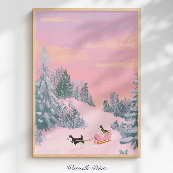 Husky Dogs Pink Sled Snowy Winter Wonderland Forest Scene Poster