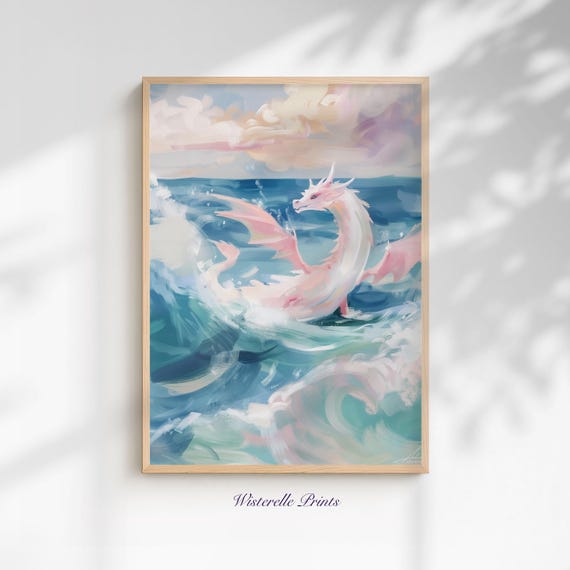 Pastel Dragon Ocean Art Print, Whimsical Fantasy
