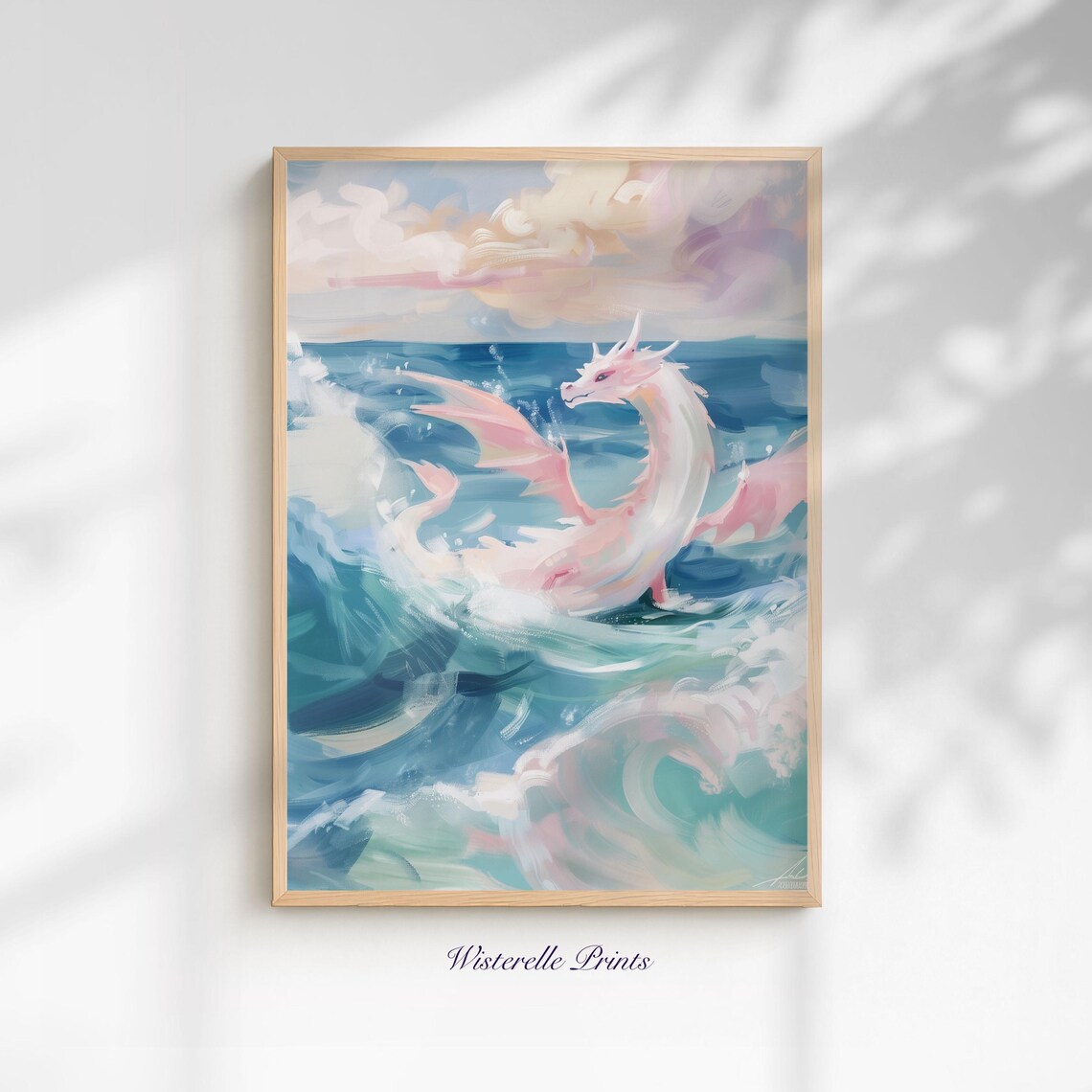 Pastel Dragon Ocean Art Print, Whimsical Fantasy