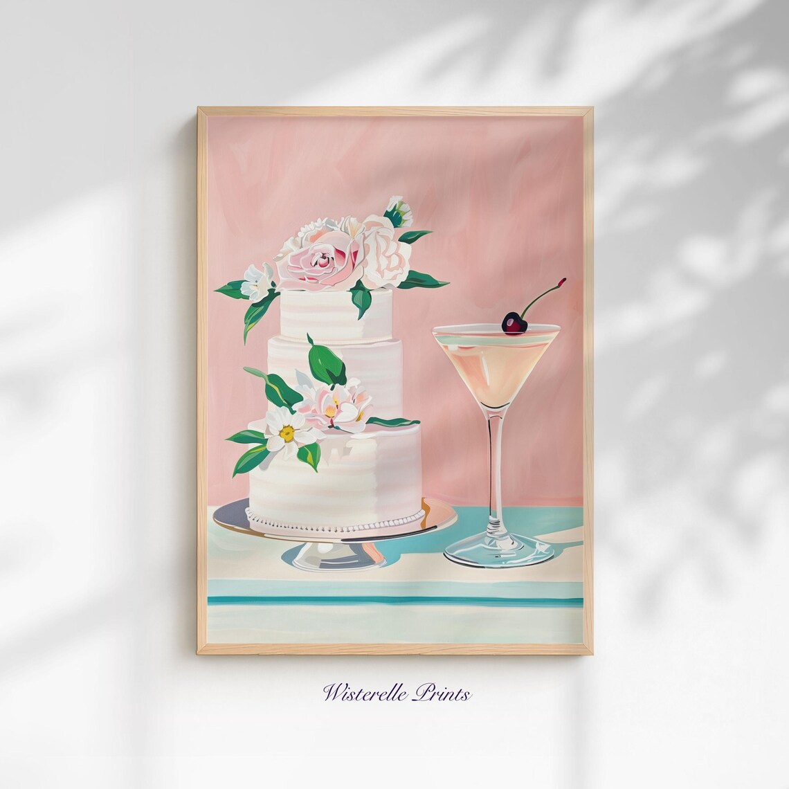 Floral Cake With Martini Glass Pink Coquette Dessert Painting Poster