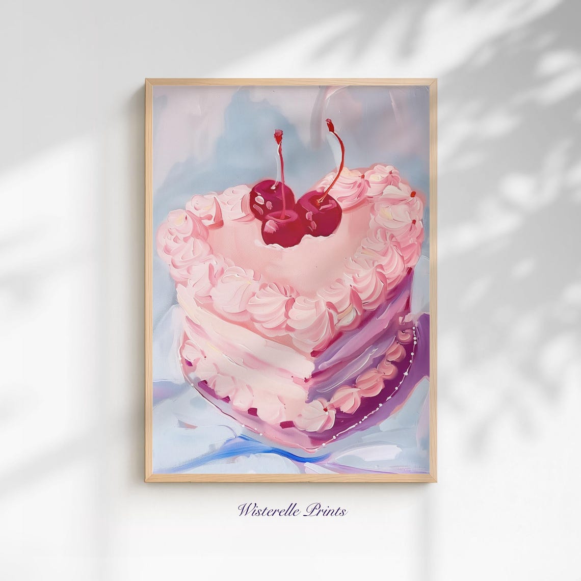 Heart Shaped Pink Cake With Cherries Coquette Dessert Wall Art