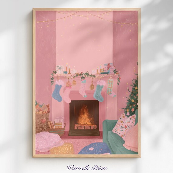 Pink Christmas Fireplace Cozy Stockings Lit Fireplace Holiday Poster