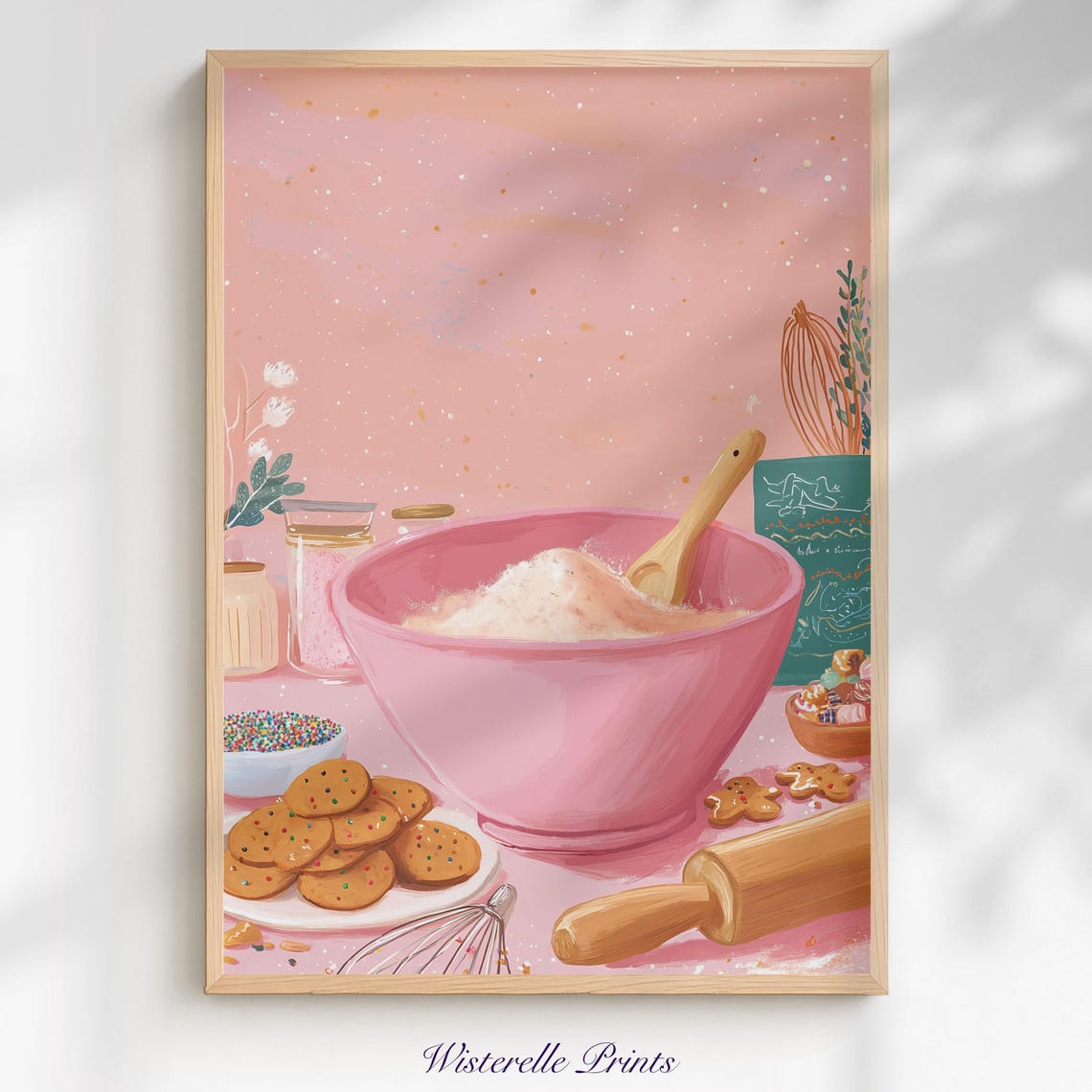Pink Christmas Baking Scene Cookies Rolling Pin Cozy Kitchen Poster