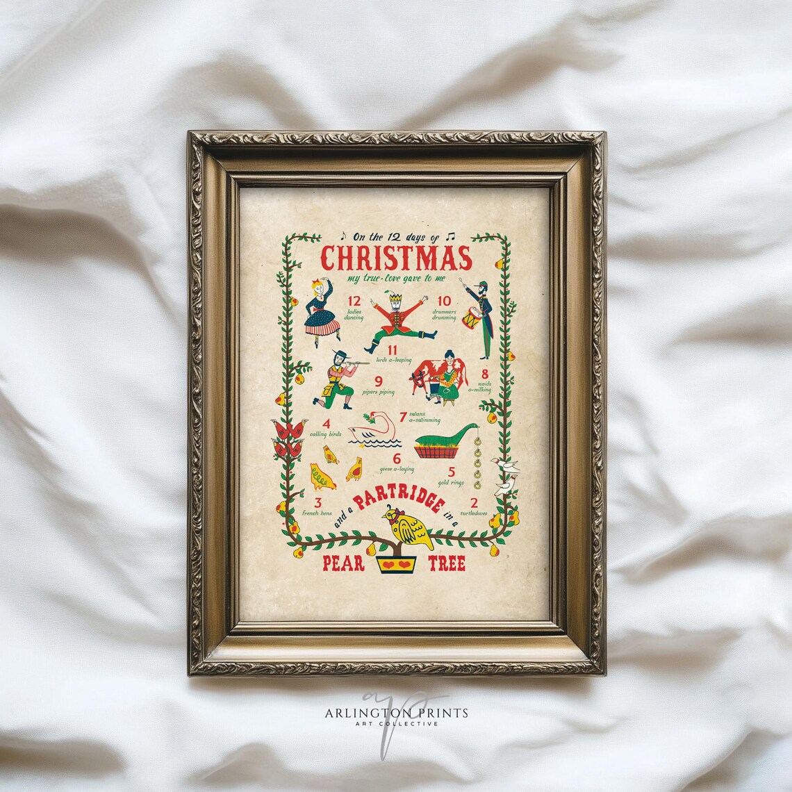 Vintage 12 Days Of Christmas, Retro Holiday Art Print
