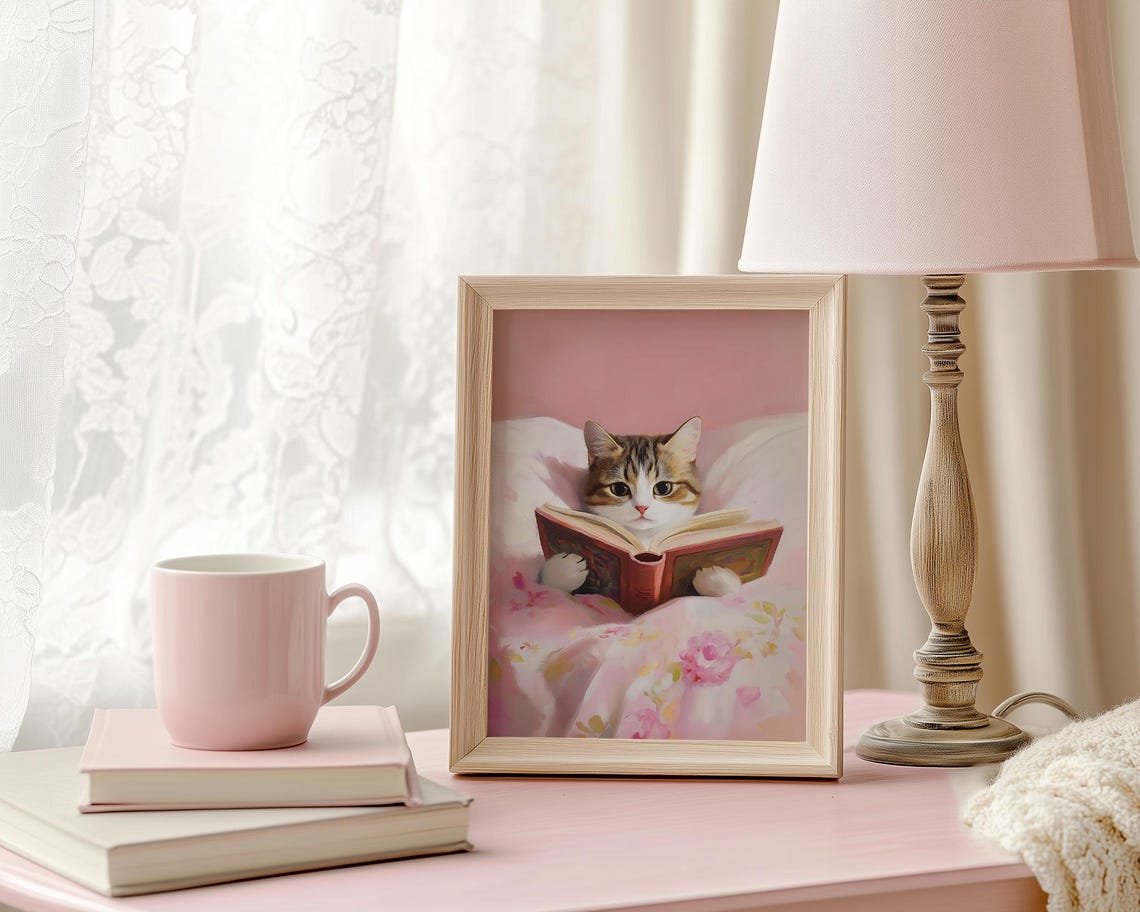 Kitten Reading A Book In Pink Floral Bed Funny Cat Lover Poster - Image 6