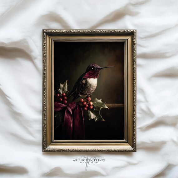 Hummingbird on Holly Branch Dark Moody Christmas Painting Poster