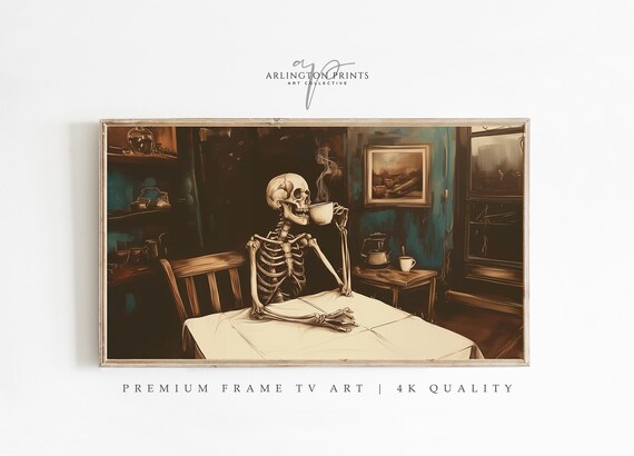 Halloween Frame Tv Art Skeleton Drinking Coffee Spooky Season File For Dark Toned