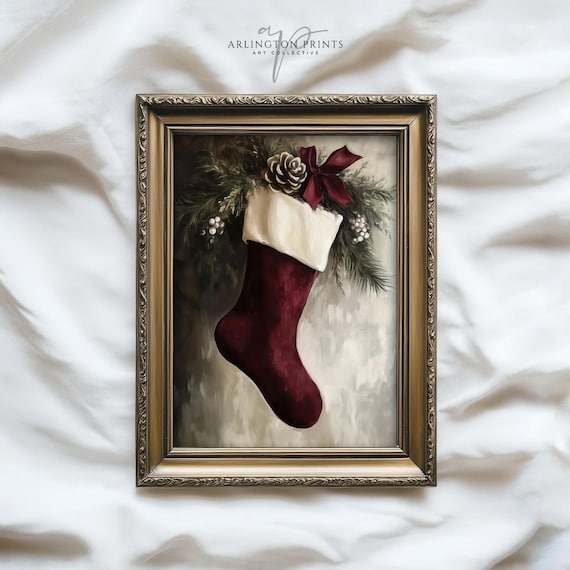 Vintage Christmas Burgundy Stocking Art Print