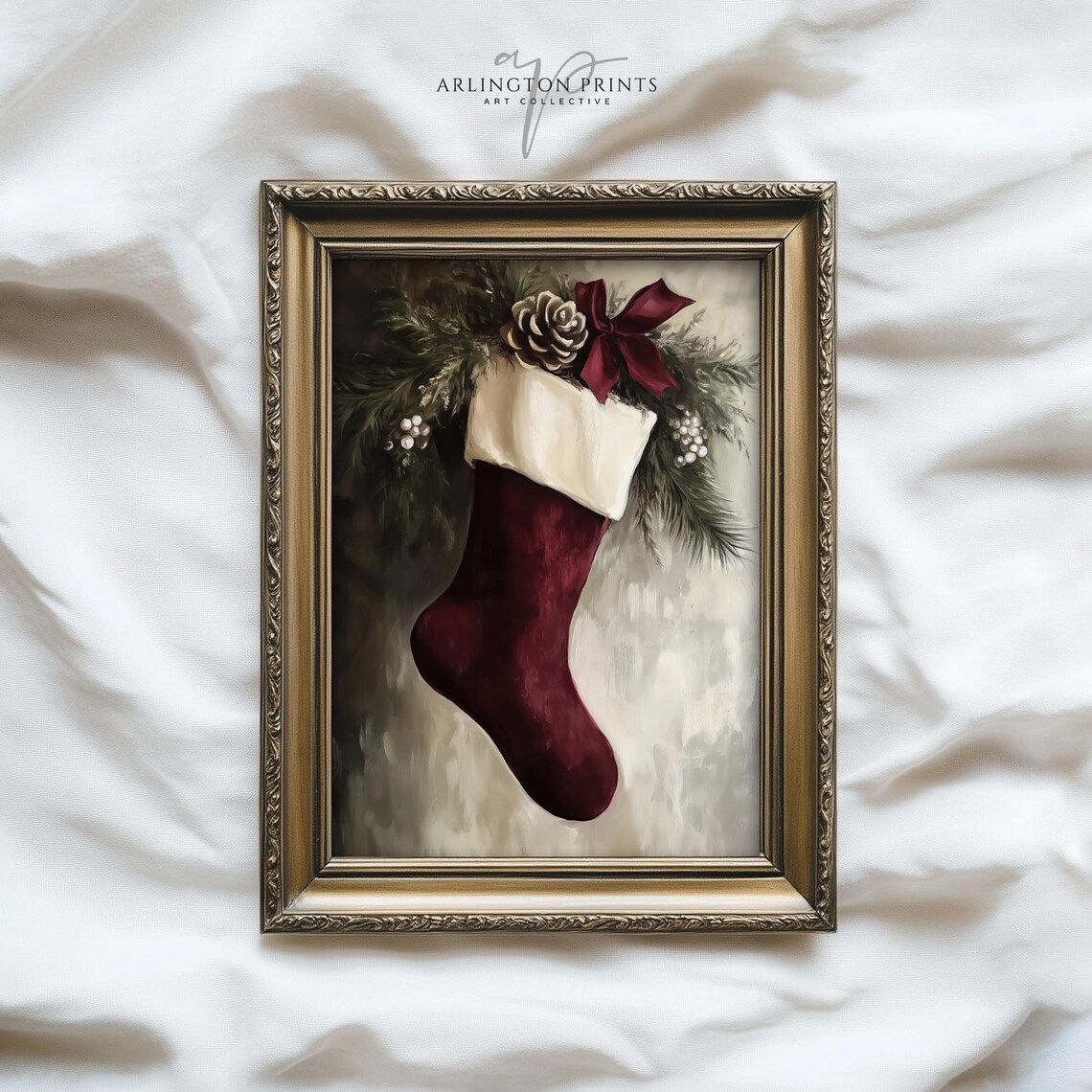 Vintage Christmas Burgundy Stocking Art Print